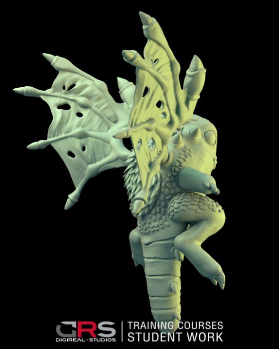 3/4 back view of a dragon 3d model created by a student in zbrush in our 3d modeling, game design & 3d animation courses | Cy