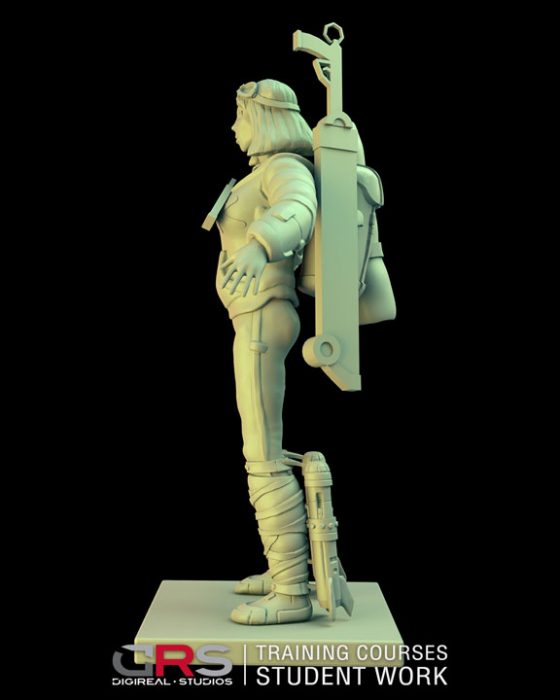 side view of a female explorer 3d model with weapons created in zbrush in our 3d modeling course in Nicosia, Cyprus