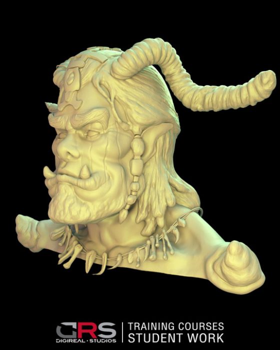 3/4 front view of an ork bust 3d model created by a student in our game design, 3d modeling & 3d animation courses in Nicosia