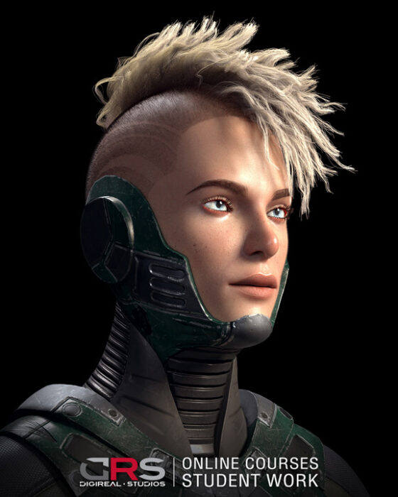 Sci-fi female soldier close-up, 3d character created in Autodesk Maya, zBrush, Substance Painter, XGen and Arnold Renderer by a student in our 3d modeling, game design & 3d animation online courses available in Cyprus, Limassol, Nicosia, Larnaka and Paphos