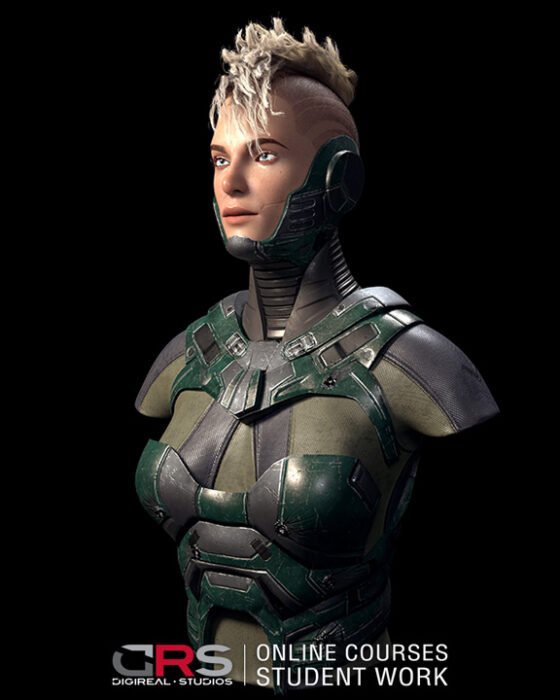 Sci-fi female soldier, 3d character created in Autodesk Maya, zBrush, Substance Painter, XGen and Arnold Renderer by a student in our 3d modeling, game design & 3d animation online courses available in Cyprus, Limassol, Nicosia, Larnaka and Paphos