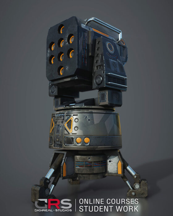 Front side of a sci-fi missle turret design created in Autodesk Maya, zBrush, Substance Painter and Arnold Renderer, by a student in our 3d modeling, game design & 3d animation online courses available in Cyprus, Limassol, Nicosia, Larnaka and Paphos