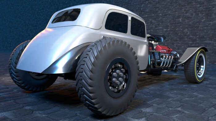 Back side of a Hot Rod car design created in Autodesk Maya, Substance Painter and Arnold Renderer, by a student in our 3d modeling, game design & 3d animation online courses available in Cyprus, Limassol, Nicosia, Larnaka and Paphos
