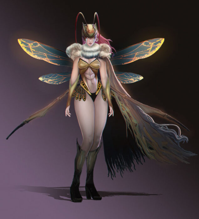 Female insect fairy. 2D character design created in Adobe Photoshop by a student in our game design and concept art online courses available in Cyprus, Limassol, Nicosia, Larnaka and Paphos
