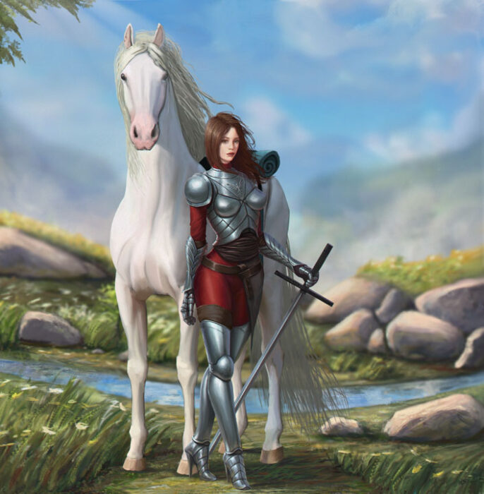 Female Knight standing next to her white hourse. 2D character and environment design created in Adobe Photoshop by a student in our game design and concept art online courses available in Cyprus, Limassol, Nicosia, Larnaka and Paphos