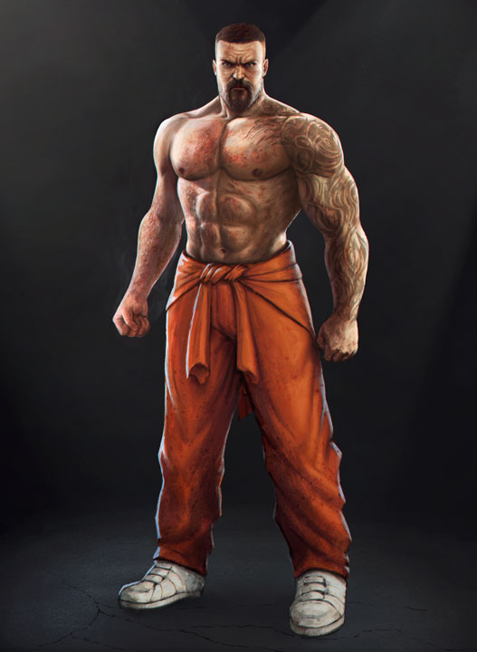 Prisoner covered in fire burn scars. 2D character design created in Adobe Photoshop by a student in our game design and concept art online courses available in Cyprus, Limassol, Nicosia, Larnaka and Paphos