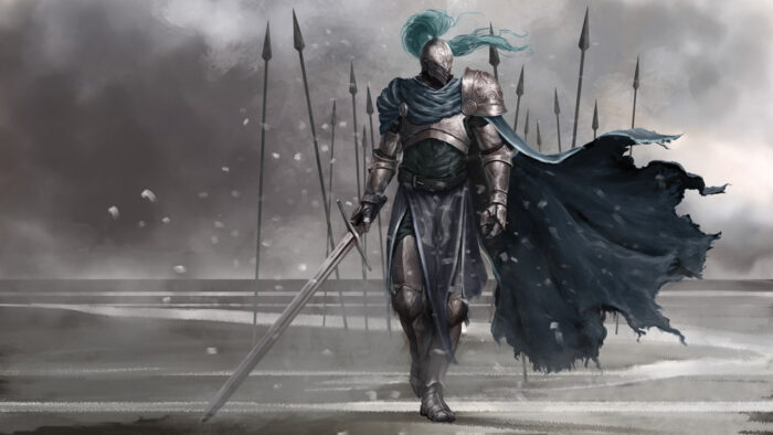 Knight with blue cape holding a long sword. 2D character and environment design created in Adobe Photoshop by a student in our game design and concept art online courses available in Cyprus, Limassol, Nicosia, Larnaka and Paphos