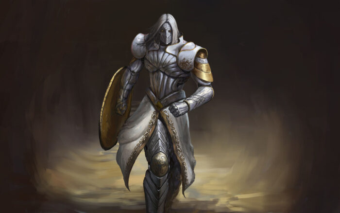 Knight in white and gold armor holding a shield. 2D character design created in Adobe Photoshop by a student in our game design and concept art online courses available in Cyprus, Limassol, Nicosia, Larnaka and Paphos